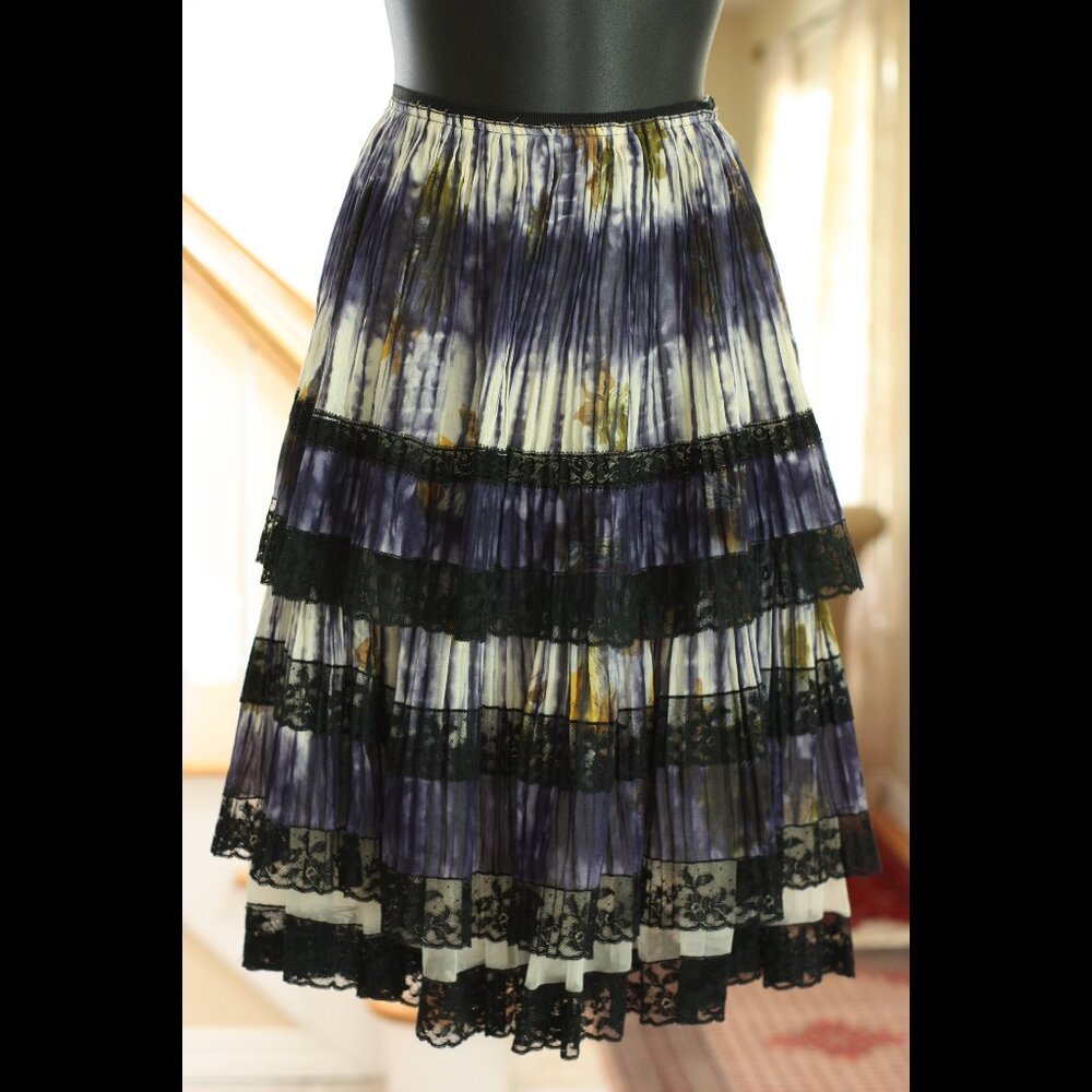 PRADA Blue Black White and Orange Layered Ruffled and Lace Skirt